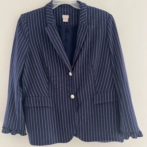 Chicos Women  Blazer Size 3P Mediun Navy Striped Botton Front Ling Sleevse